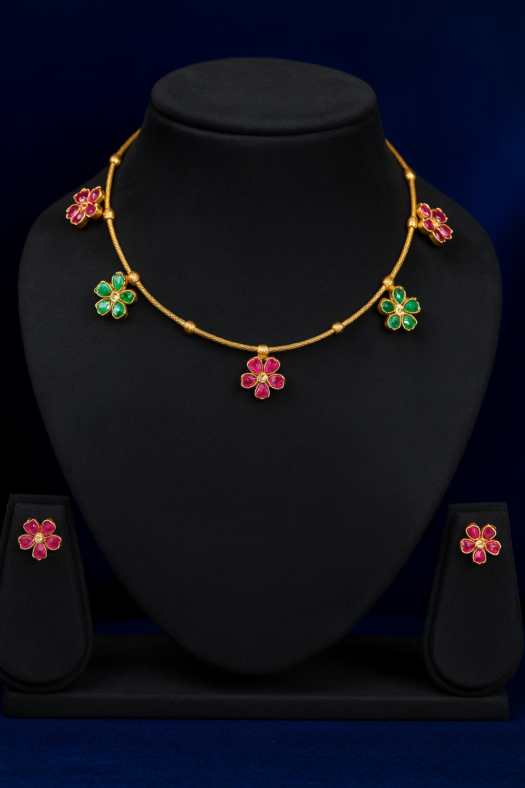 Multicolour Floral CZ Choker Set – Necklace + Earrings