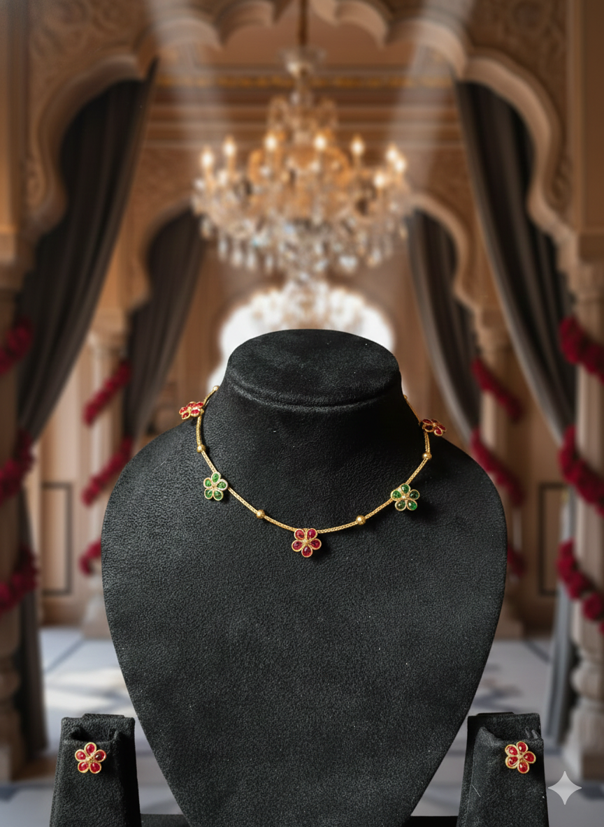 Multicolour Floral CZ Choker Set – Necklace + Earrings