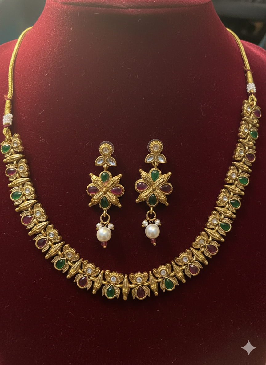 Antique Multicolour Stone Temple Necklace Set – Necklace + Long Earrings