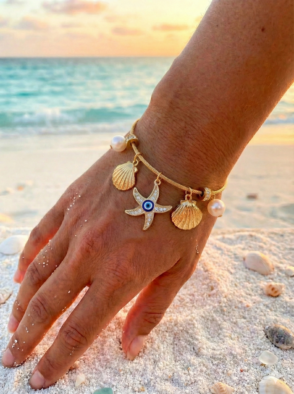 Ocean Charm Cable Bangle With Evil Eye
