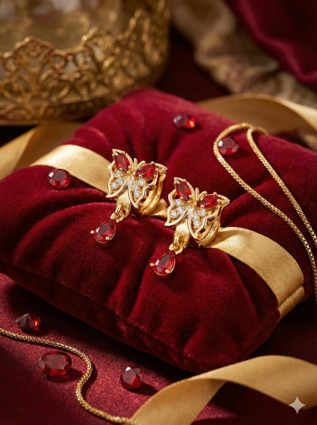 Butterfly Charm Hoop Drop Earrings – Red & Green