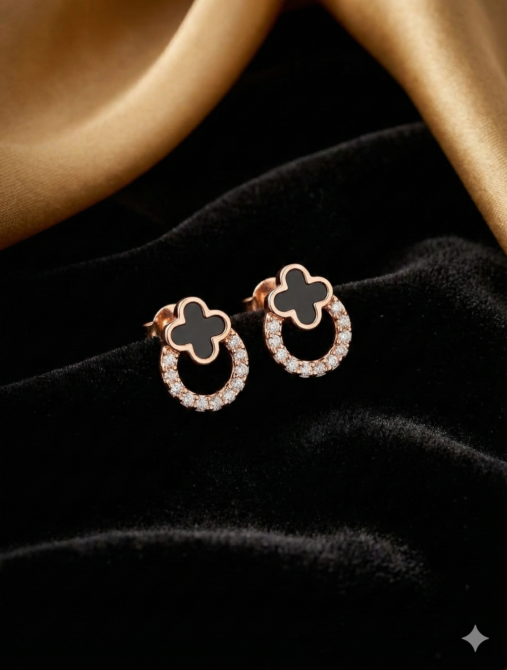 Korean Petite Black Flower Crystal Hoop Studs