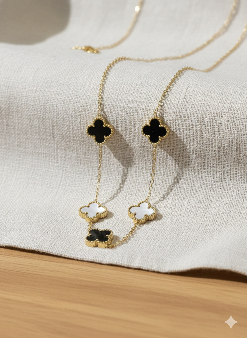 Black & White Clover Enamel Necklace