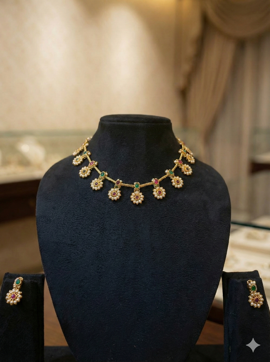Floral Stones Choker Necklace Set – Gold Finish