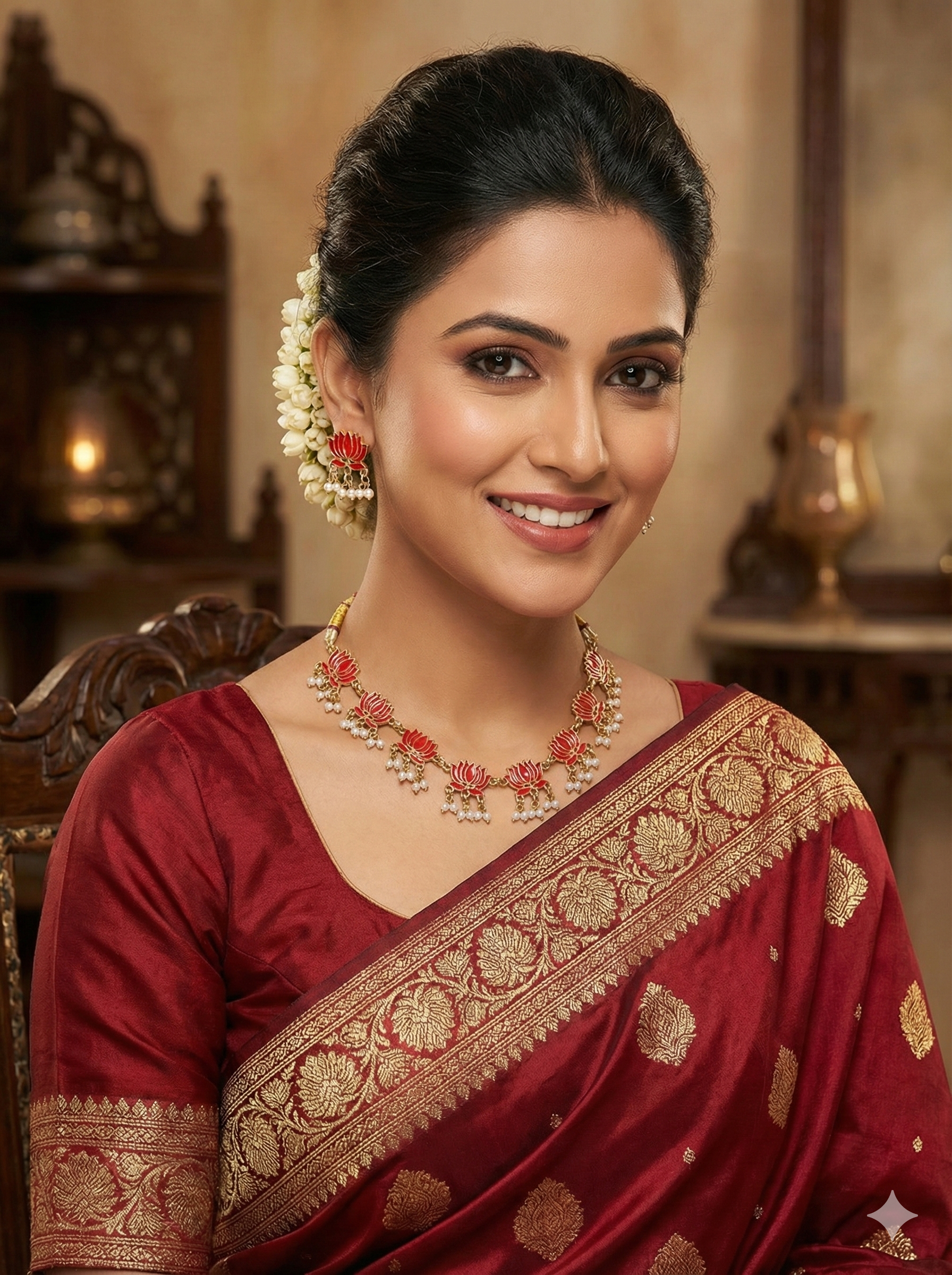 Red Lotus Enamel Temple Necklace Set