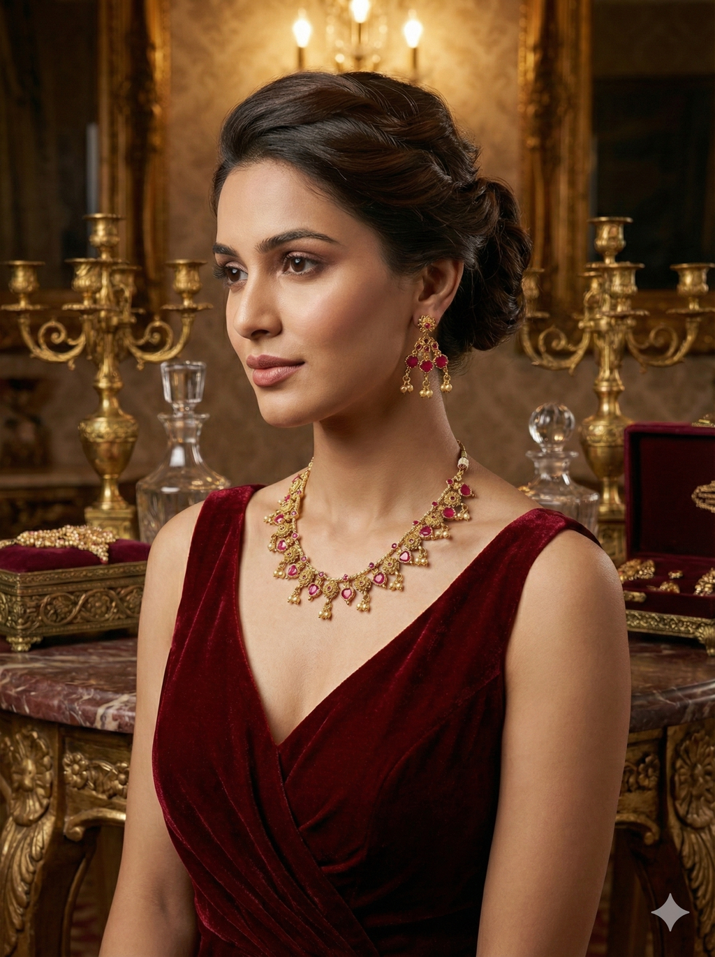 Ruby Floral Temple Necklace Set – Antique Gold Finish, Necklace + Earrings