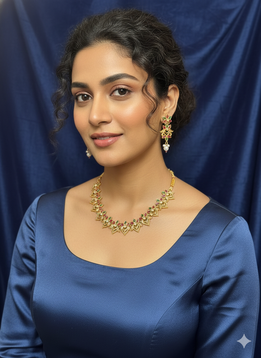 Ruby–Emerald Floral Antique Necklace Set – Necklace + Long Earrings