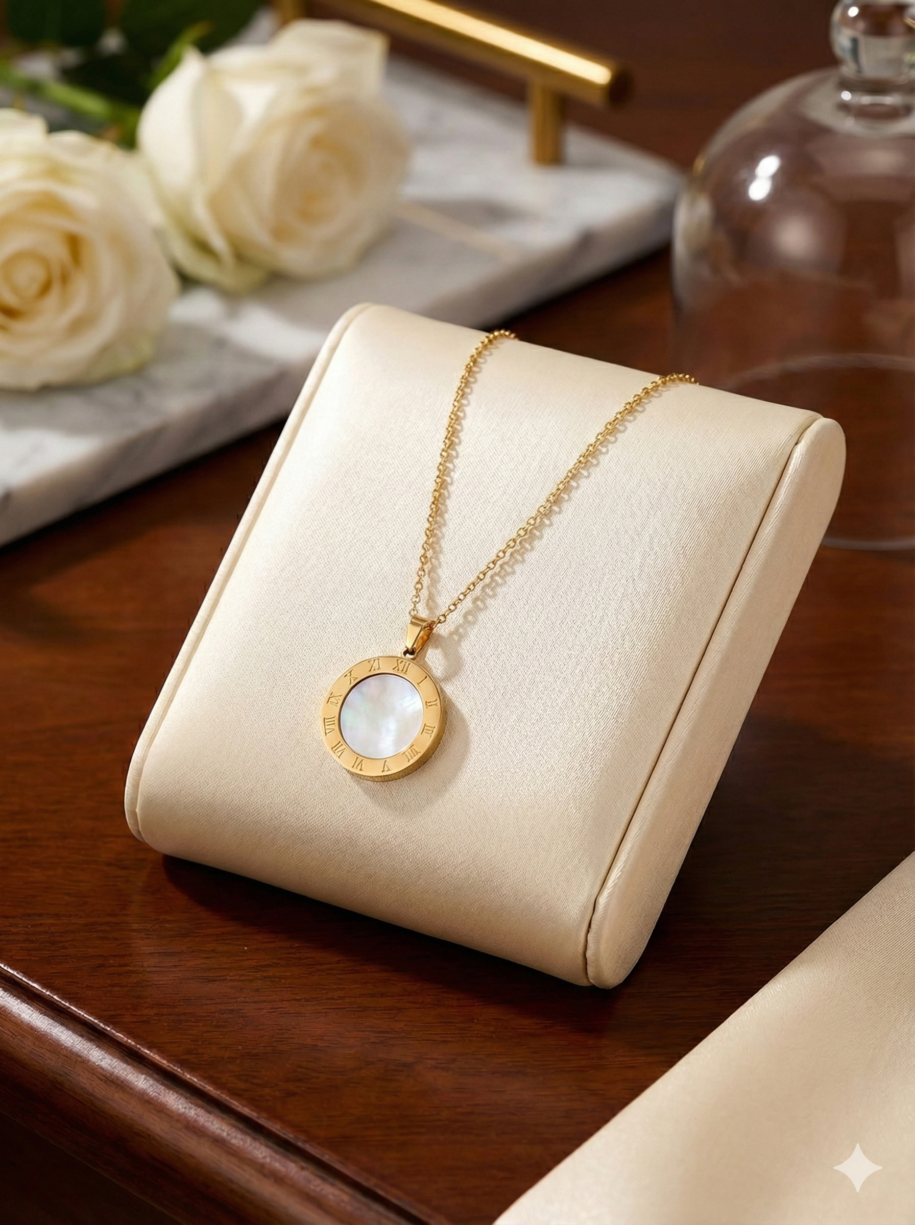 White Pearl Ring Roman Dial Pendant Necklace