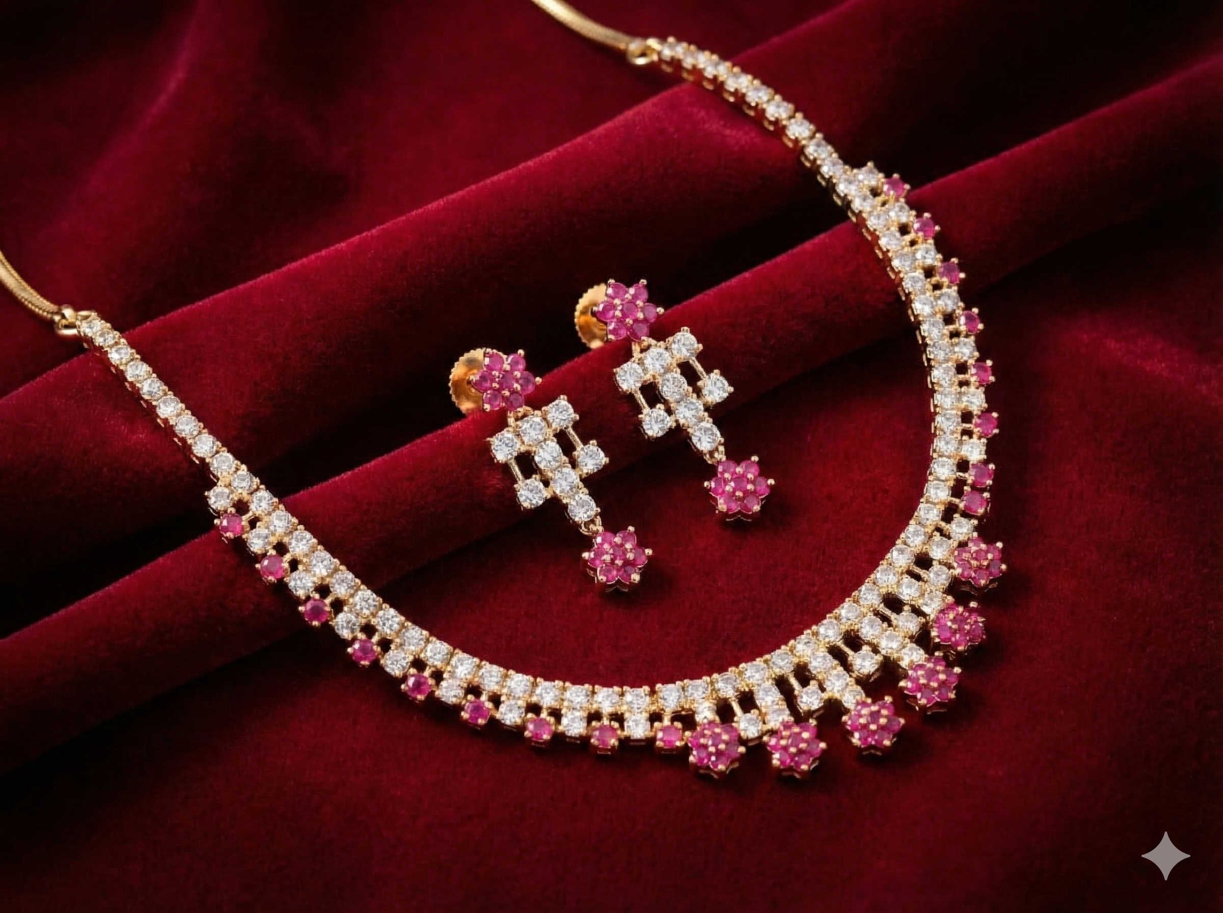 Ruby Floral Sparkle AD Necklace Set with Earrings