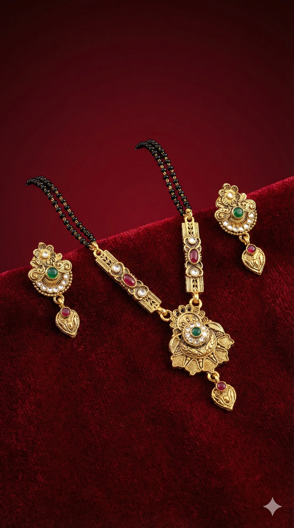 Heritage Lotus Mangal Sutra Set (Ruby & Green Stones)