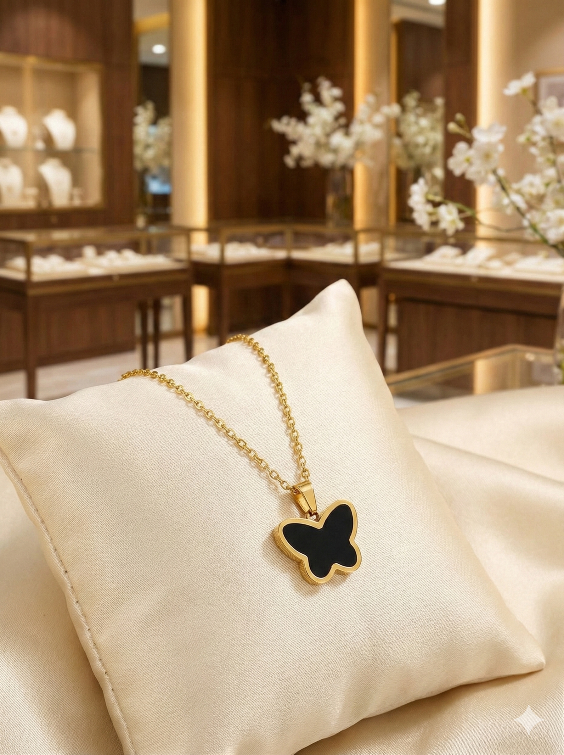 Black Enamel Butterfly Pendant Necklace