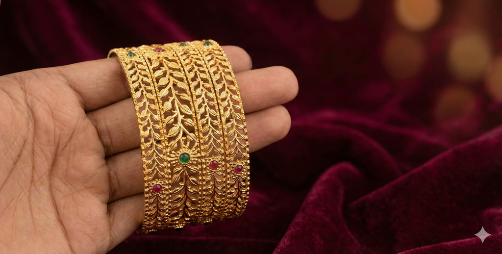 Royal Leaf Design Bangles – Traditional Gold Finish (Set of 3)