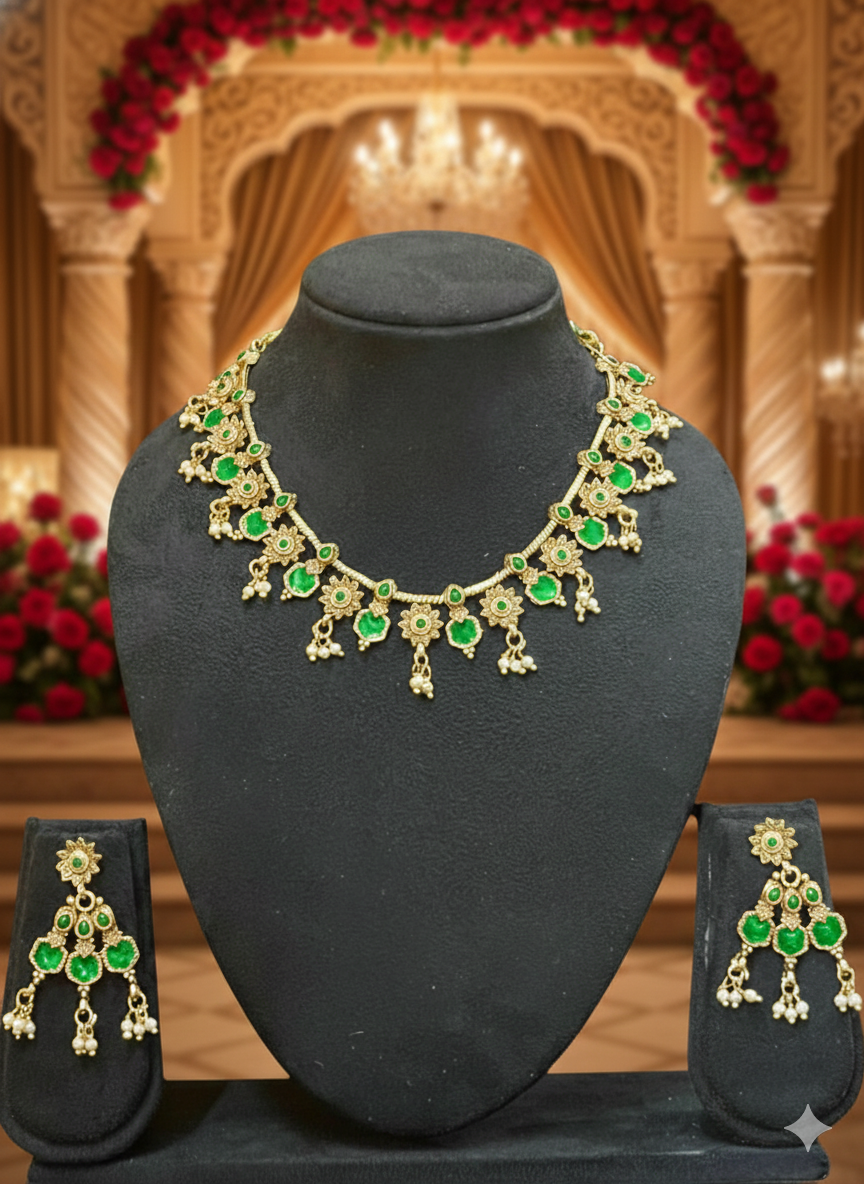 Emerald Green Temple Necklace Set – Antique Gold Finish, Necklace + Earrings