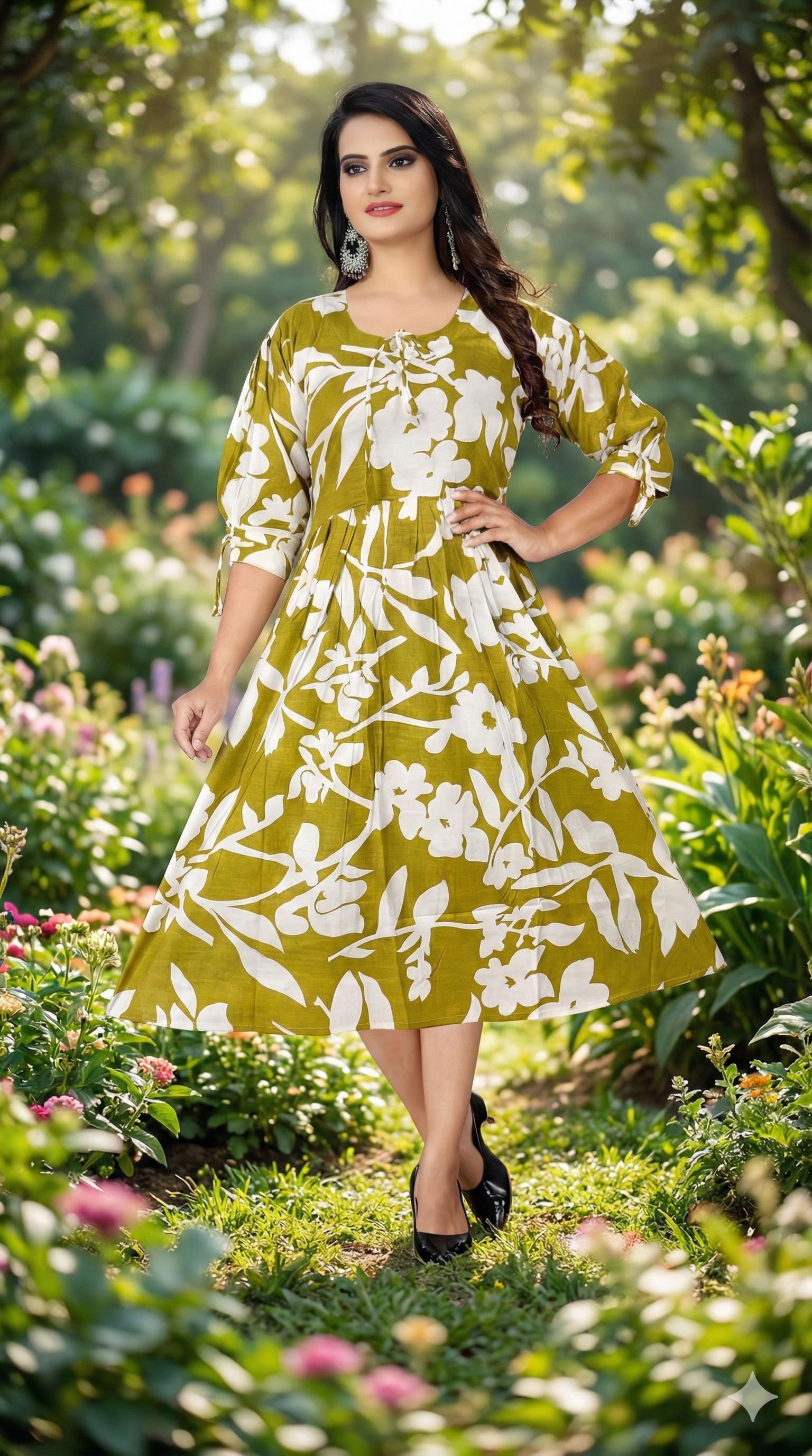 White Botanical Print Rayon Kurti