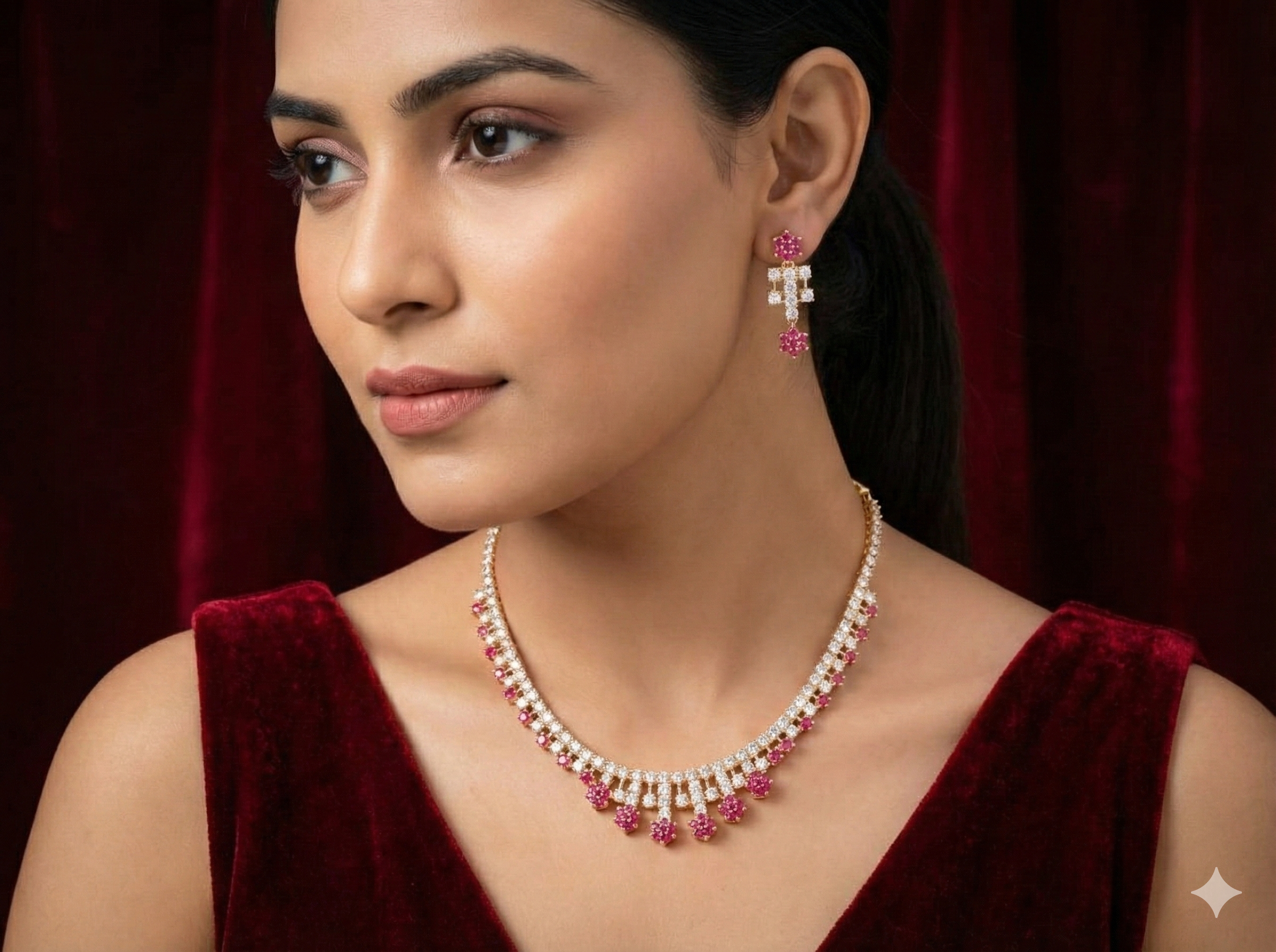 Ruby Floral Sparkle AD Necklace Set with Earrings