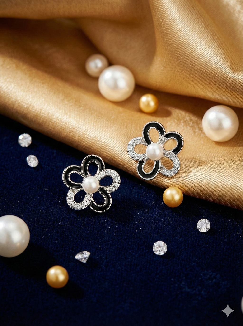 Black Flower Pearl Crystal Stud Earrings