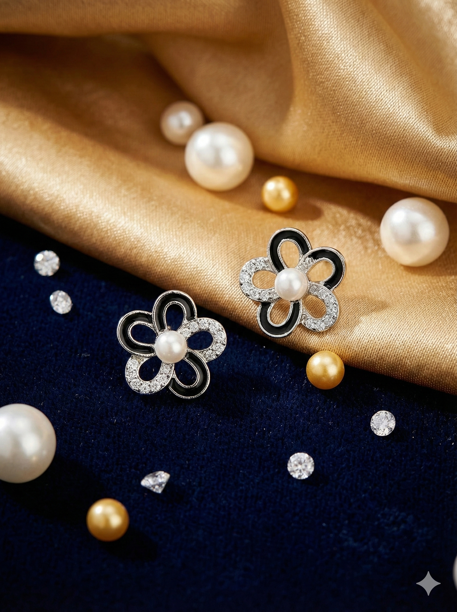 Black Flower Pearl Crystal Stud Earrings