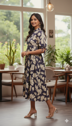 Navy Blossom Balloon Sleeve Dress