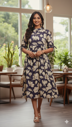 Navy Blossom Balloon Sleeve Dress