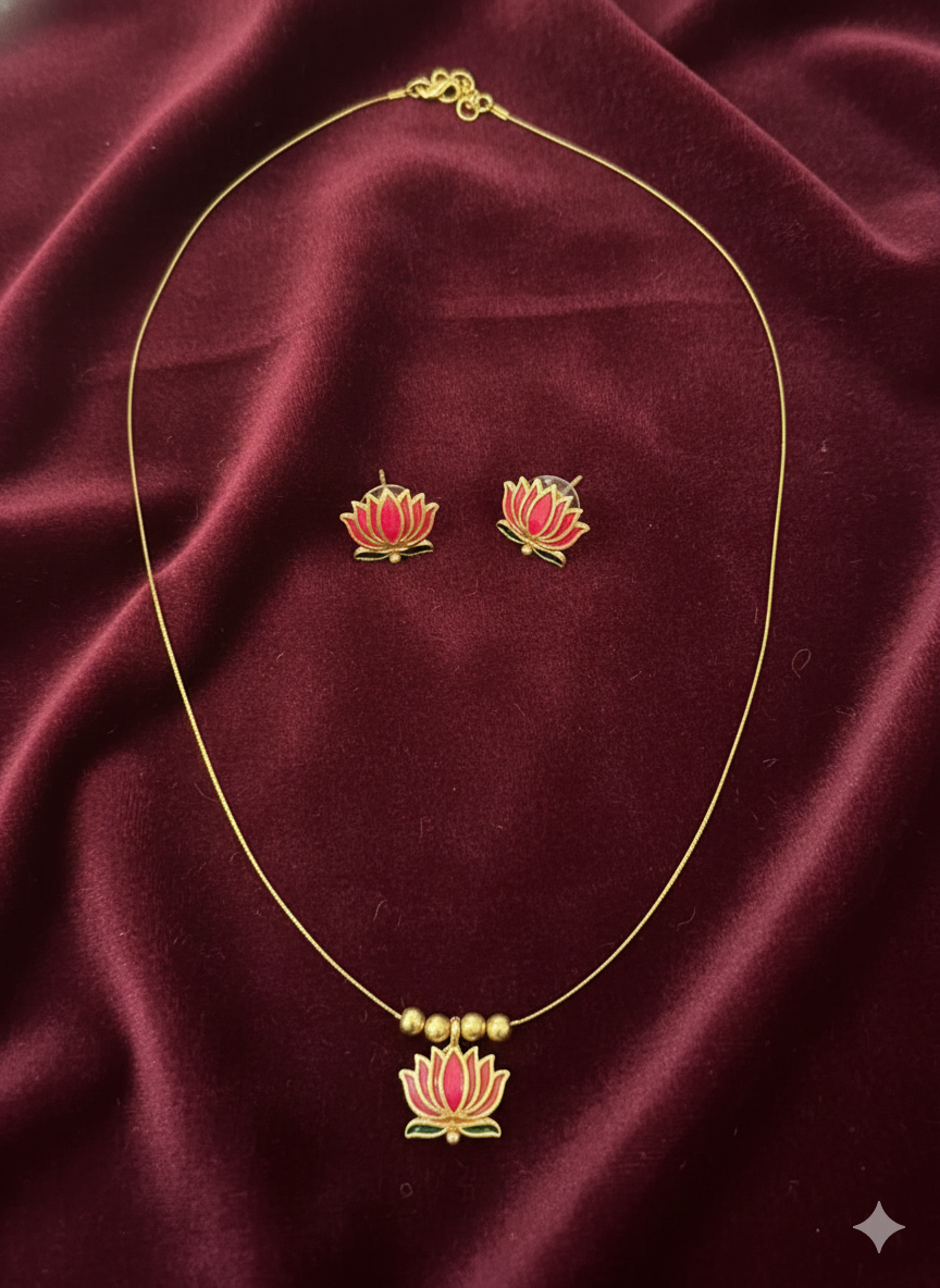 Lotus Charm Invisible Necklace & Stud Earrings Set