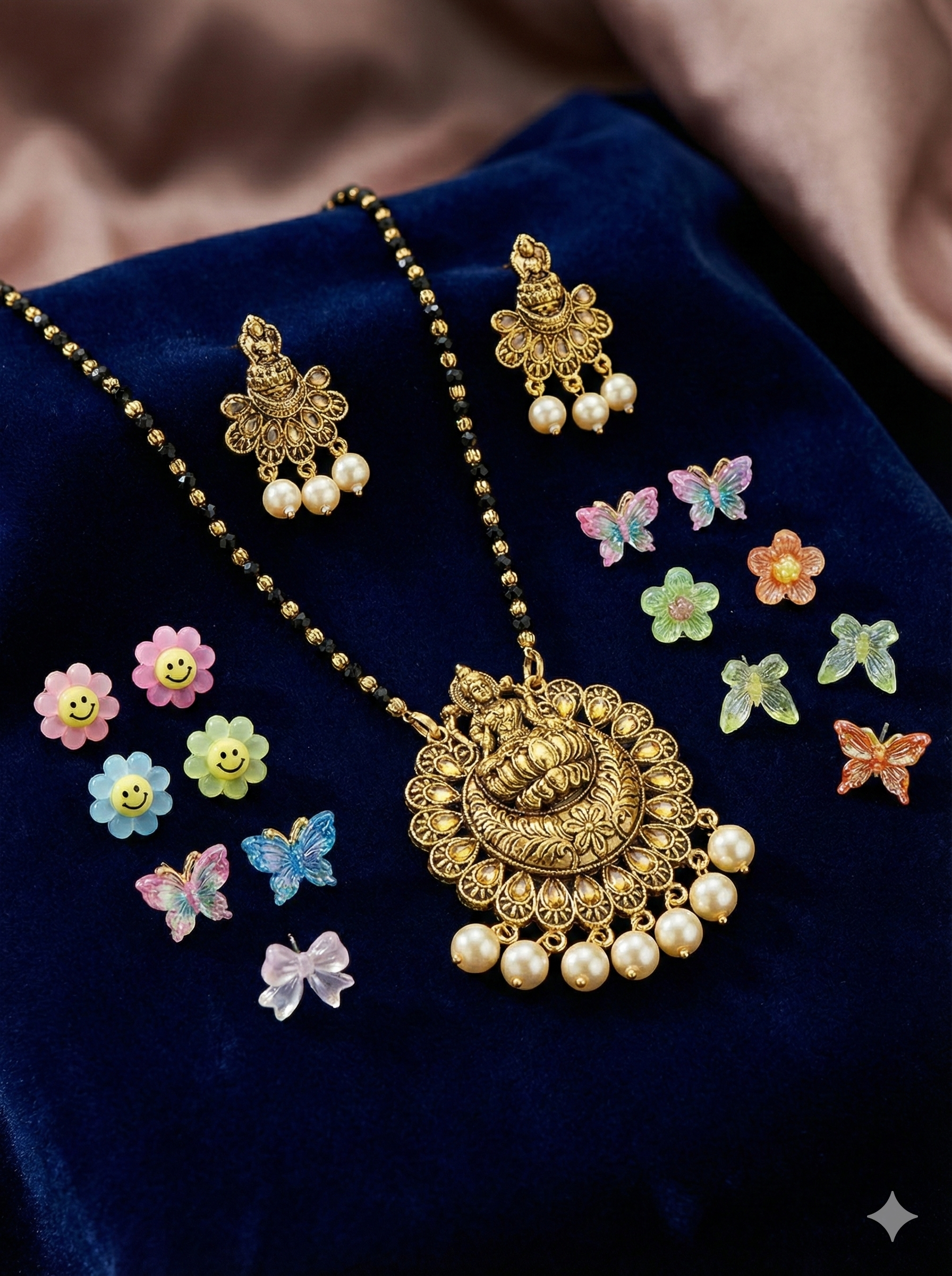 Antique Lakshmi Mangal Sutra with Earrings – Pearl Drop Design