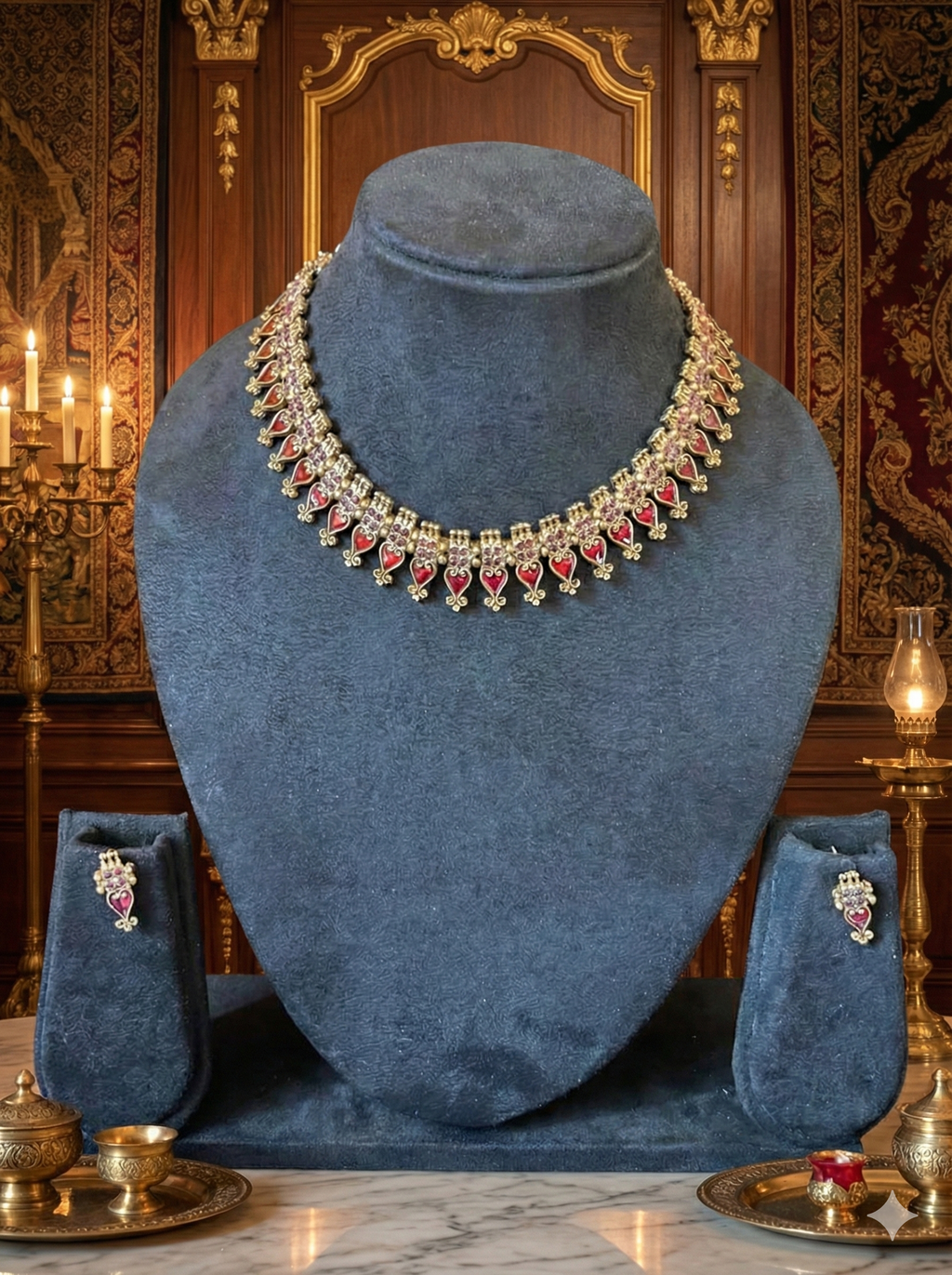 Antique Enamel Leaf Temple Choker Set – Necklace + Earrings