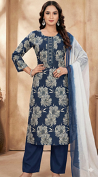 Floral Navy Blue 3-Piece Kurti Set