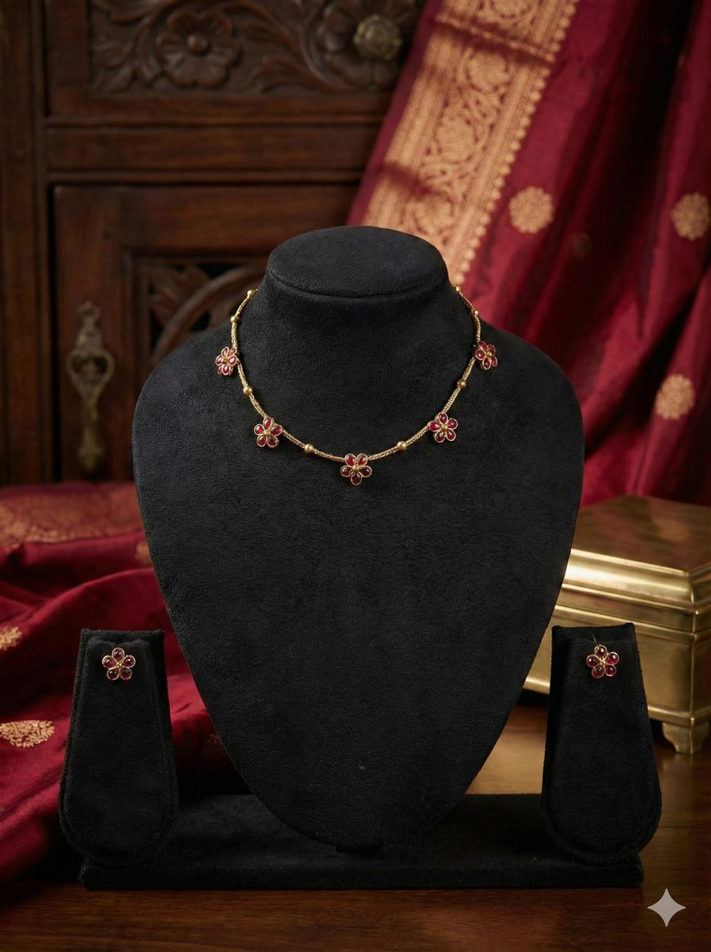 Floral Ruby Necklace Set – Gold-Plated Finish