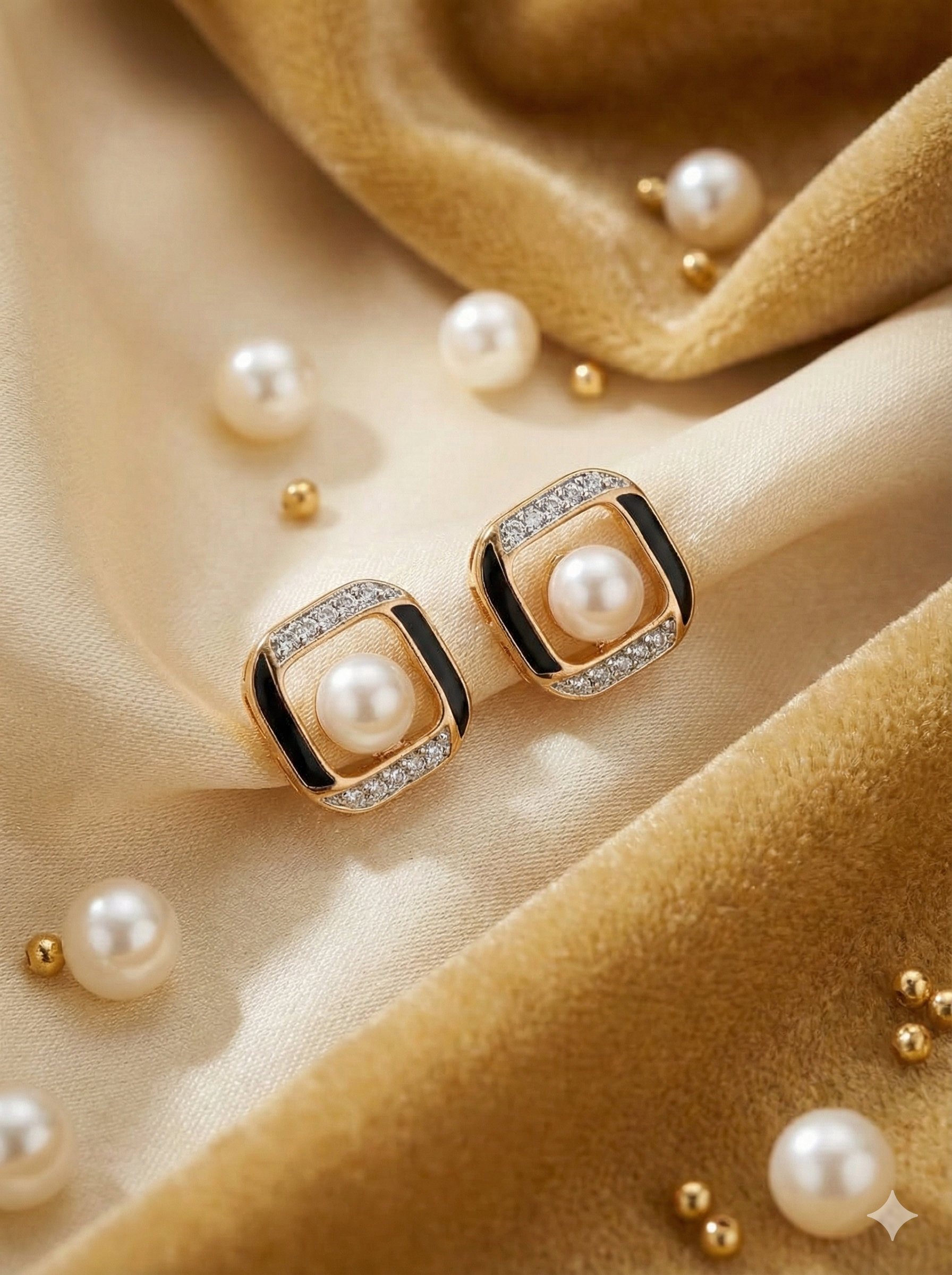 Pearl Luxe Square Studs – Black & Gold Edition