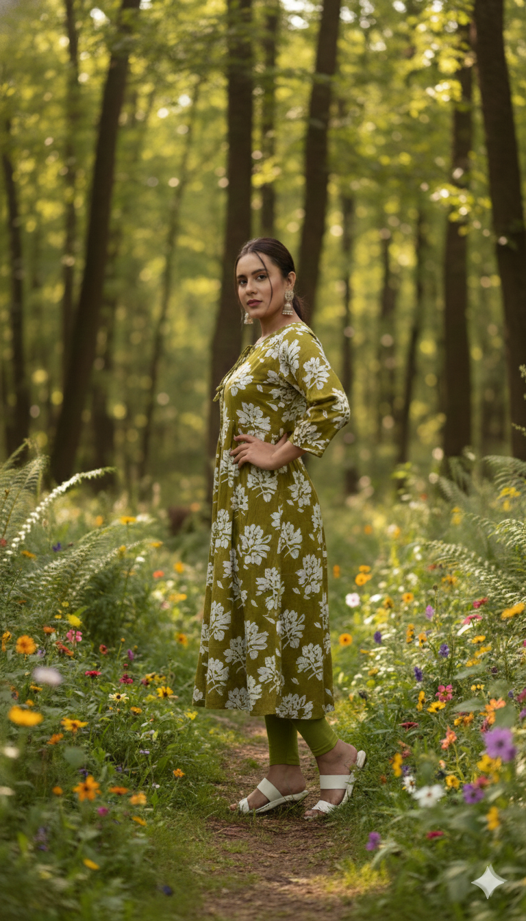 White Botanical Print Rayon Kurti