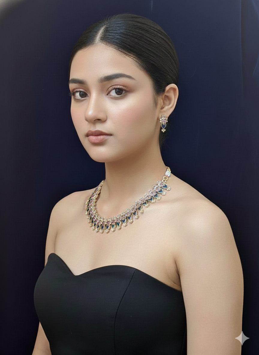 Royal Pink & Blue Enamel CZ Choker Set – Necklace + Earrings