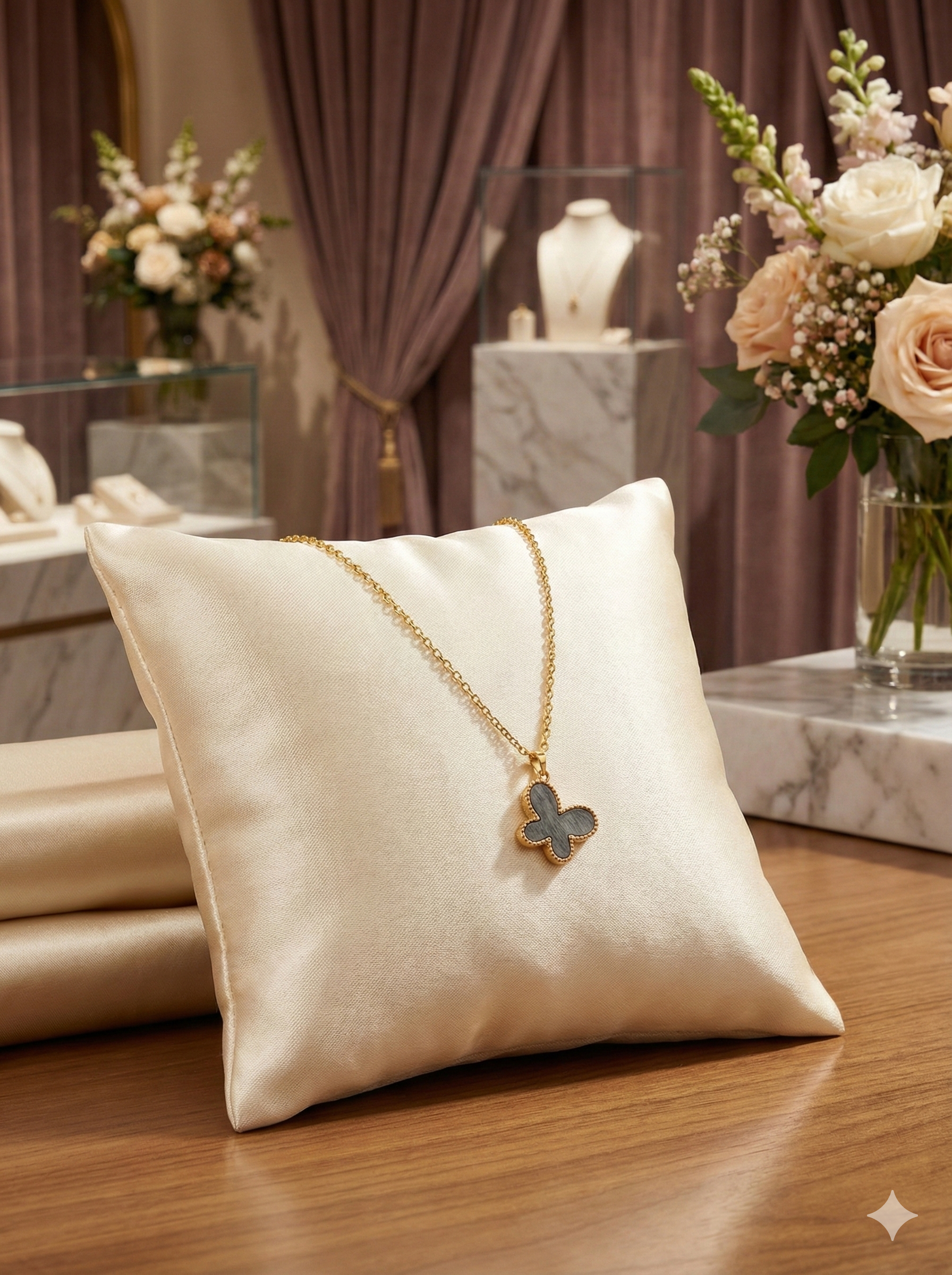 Black 4 Petal butterfly Pendant Necklace