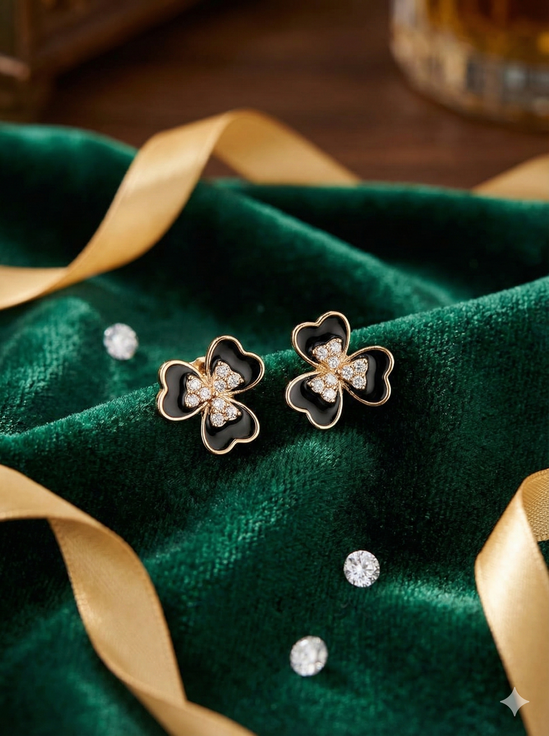 Midnight Clover – Enamel & Crystal Stud Earrings