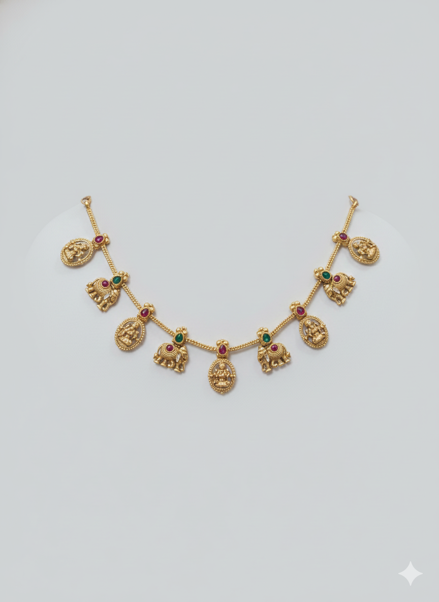 Antique Gold Temple Necklace Set – Lakshmi & Elephant Motifs