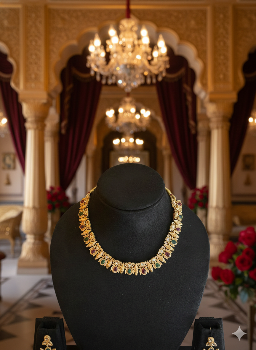 Antique Multicolour Stone Temple Necklace Set – Necklace + Long Earrings