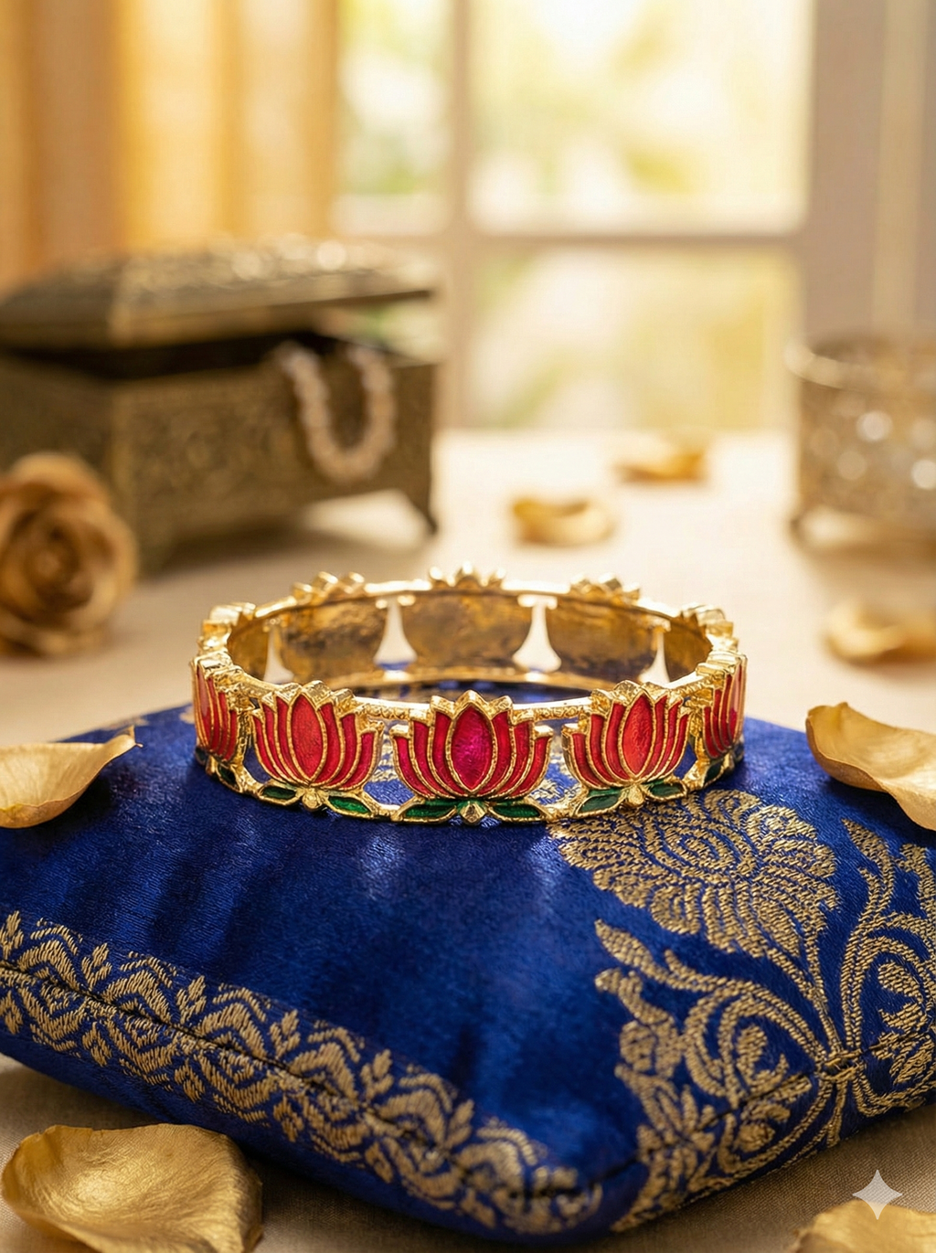 Enamel Lotus Bangle – Red & Green | Gold Plated