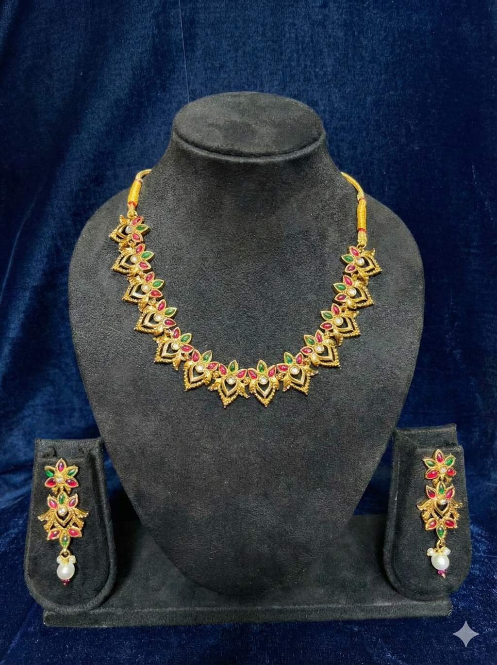 Ruby–Emerald Floral Antique Necklace Set – Necklace + Long Earrings
