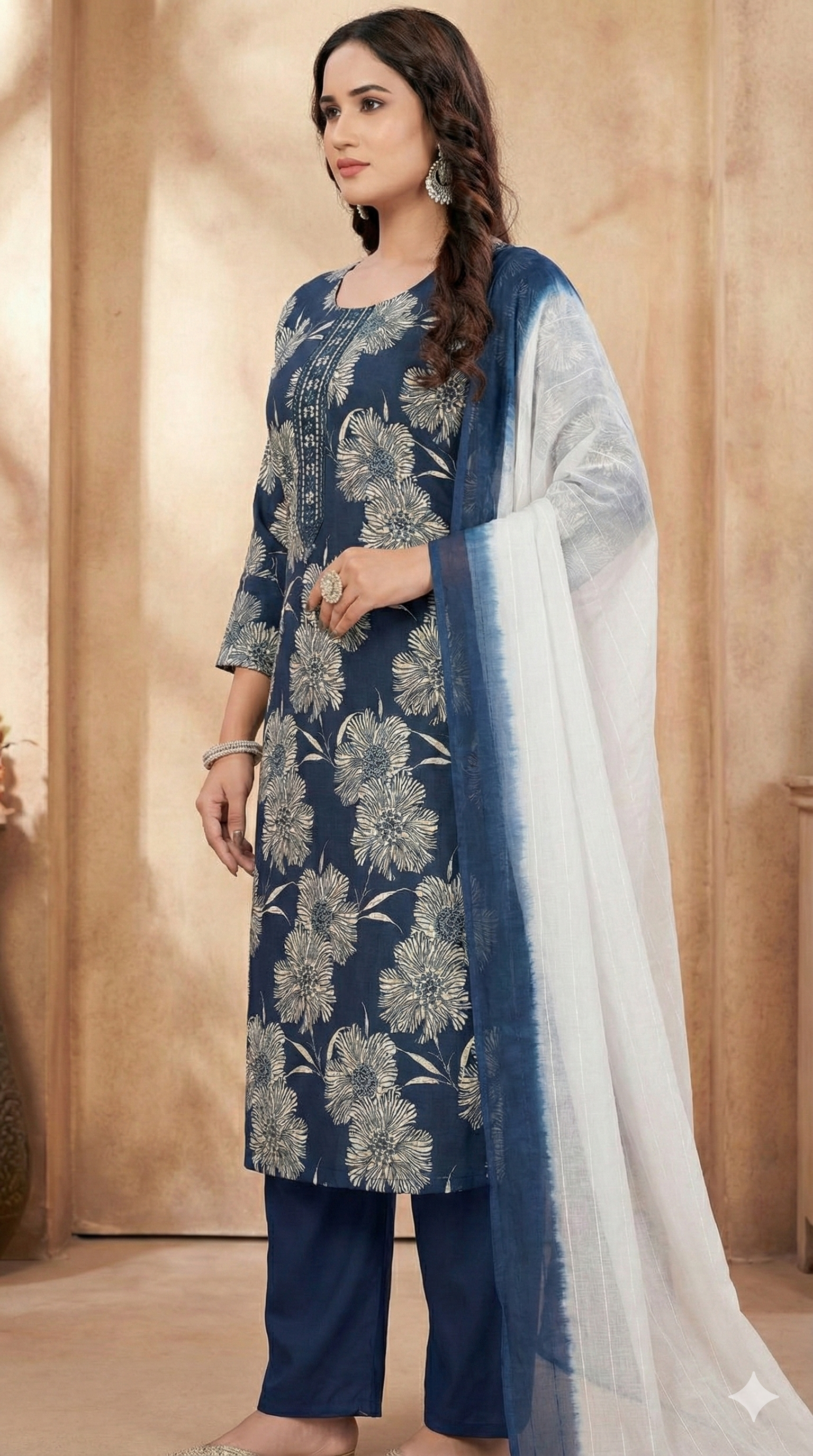 Floral Navy Blue 3-Piece Kurti Set
