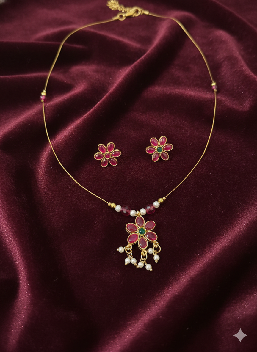 Invisible Ruby Floral Pendant Necklace & Stud Earrings Set