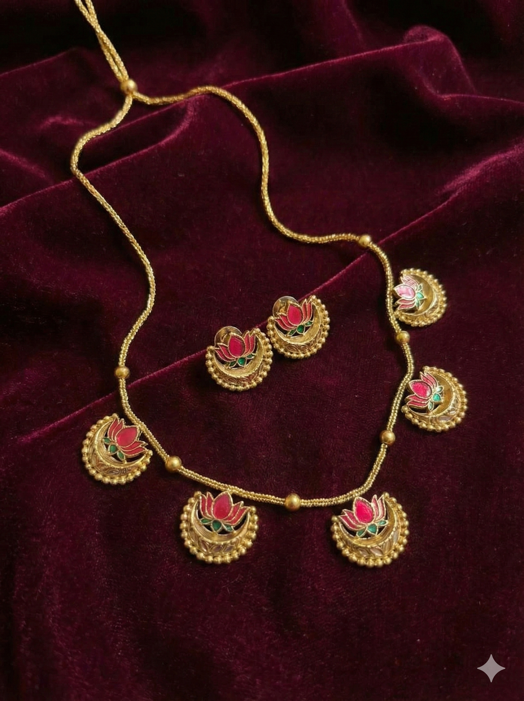 Lotus Motif Gold-Plated Temple Necklace Set