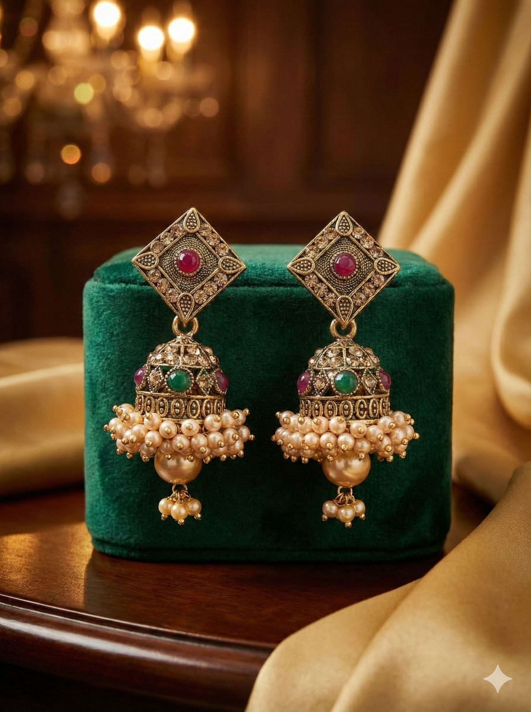Antique Square Stud Pearl Jhumkas