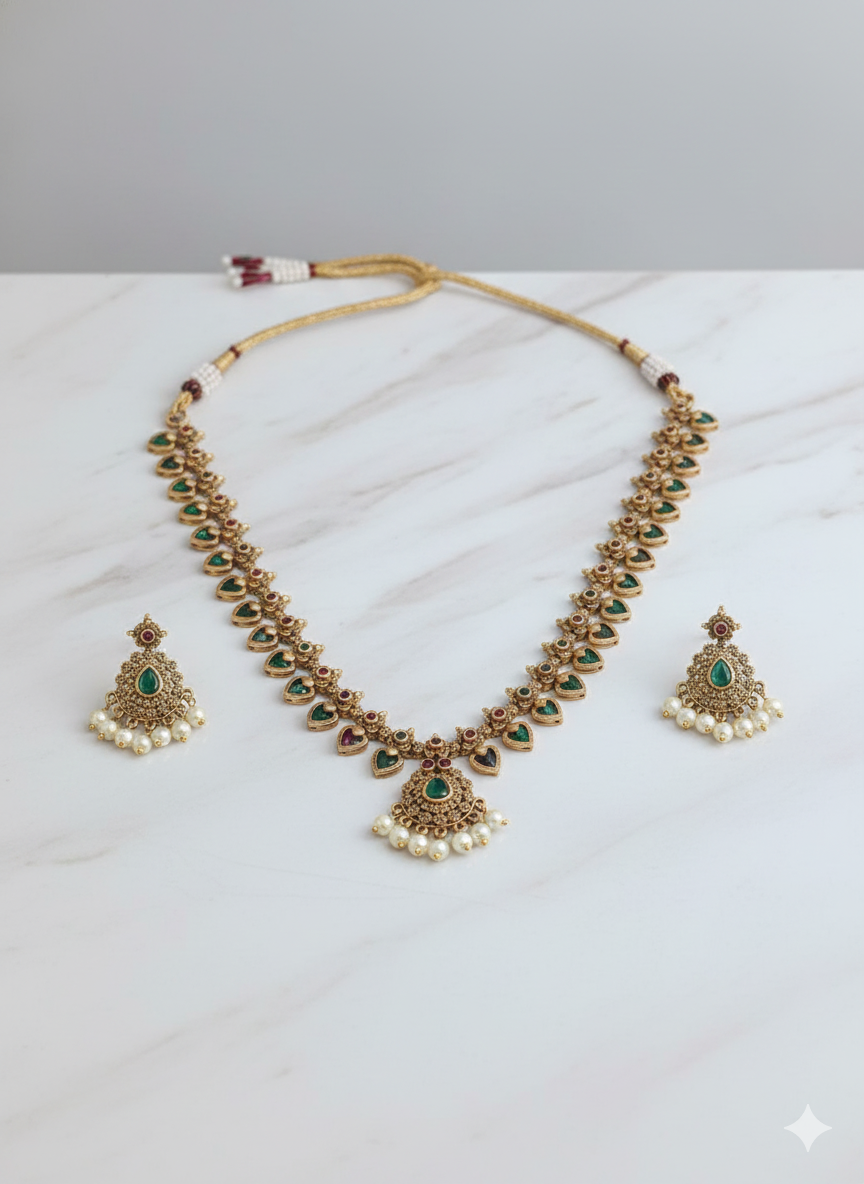 Antique Pearl Drop Temple Necklace Set