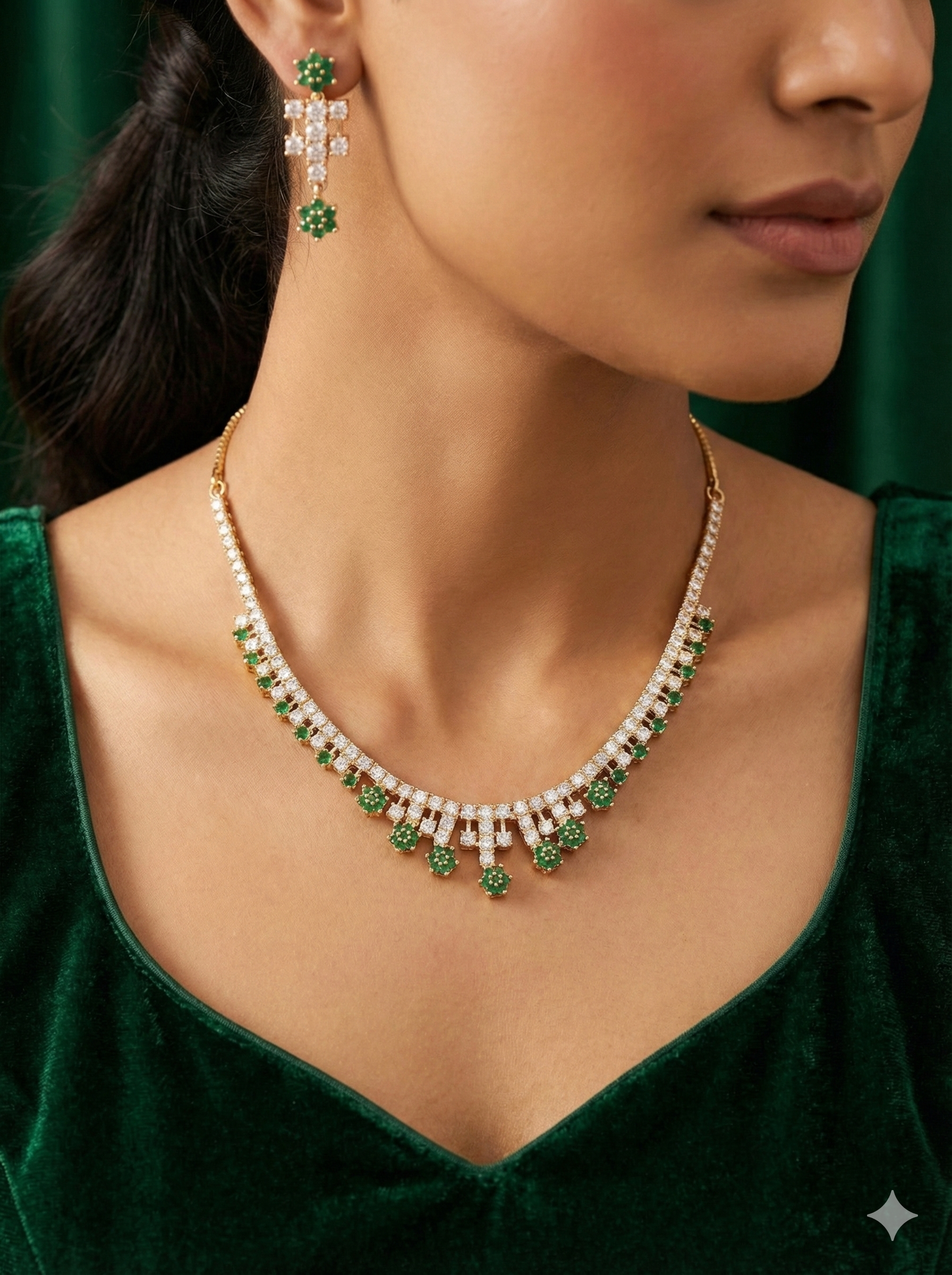 Emerald Blossom Design AD Necklace Set