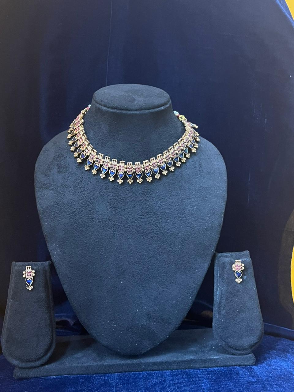 Royal Pink & Blue Enamel CZ Choker Set – Necklace + Earrings