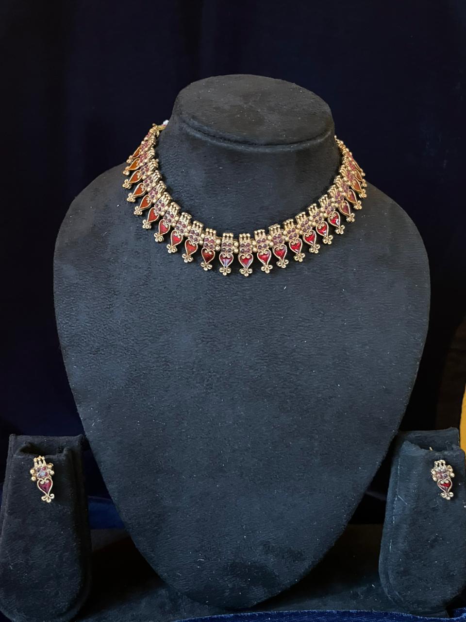 Antique Enamel Leaf Temple Choker Set – Necklace + Earrings