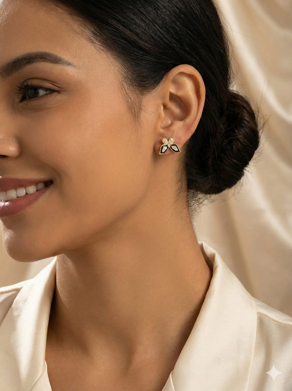 Korean Royal Petal Duo – Black & Crystal Stud Earrings