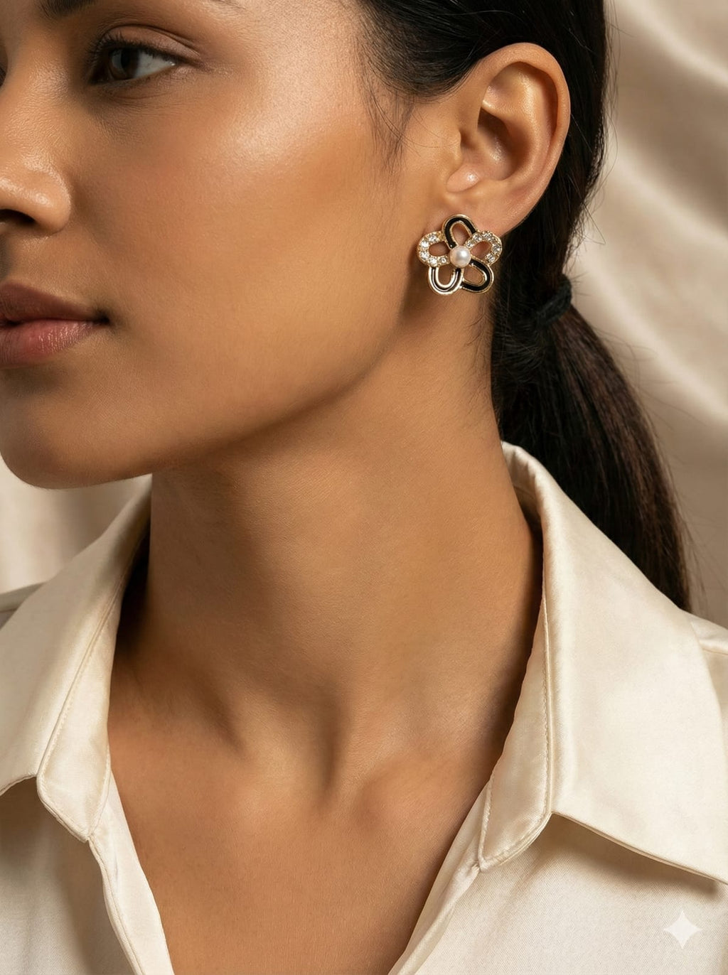 Korean Pearl Bloom – Black Enamel Floral Stud Earrings