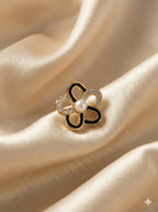 Korean Pearl Bloom – Black Enamel Floral Stud Earrings