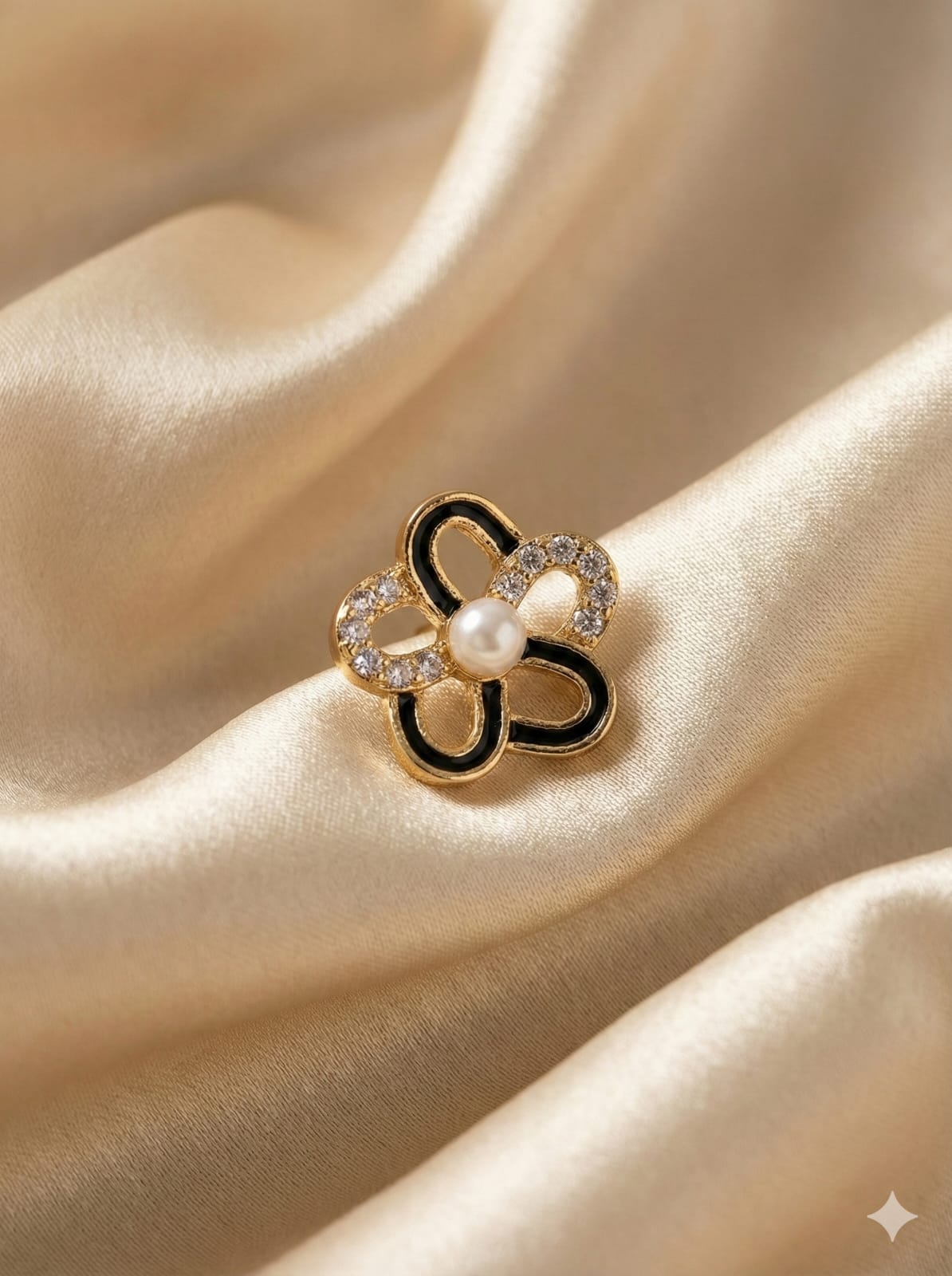 Korean Pearl Bloom – Black Enamel Floral Stud Earrings