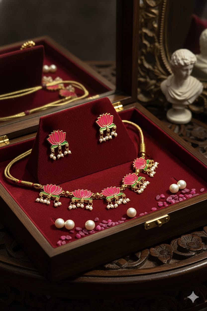 Red Lotus Enamel Temple Necklace Set